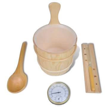 Vidaxl Dodatki za savno: vedro, žlica, peščena ura, termo-higrometer