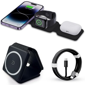 ANFIL Zložljiv brezžični polnilec 3-v-1, 15W Hitro polnjenje, MagSafe združljiv z iPhone 12 in novejšimi, Apple Watch, AirPods, Zložljiv in prenosljiv dizajn, z USB C kablom, bela