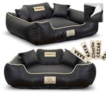 shumee Pasja postelja KINGDOG ECO LEATHER 115x95 cm personalizirana snemljiva protizdrsna črna