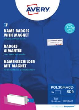 Avery Zweckform kovinske priponke za imena POL30MA02-5DR, barva antracit, 70 x 30 mm, magnetni mehanizem, 5 priponk/zavitek