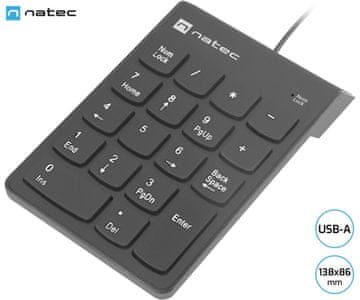Natec Goby 2 numerična tipkovnica, 18 tipk, Plug&Play, USB-A, 150cm kabel, črna