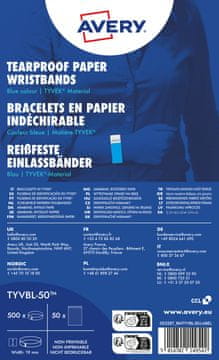 Avery Zweckform identifikacijske zapestnice TYVBL-50, Tyvek, velikost 19 x 256 mm, barva neonsko modra, mikroperforacija