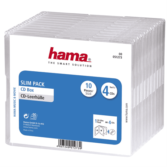 Hama CD Slim Box, ovitek za 4 zgoščenke/dvd, prozoren, pakiranje po 10 kosov (cena za paket)