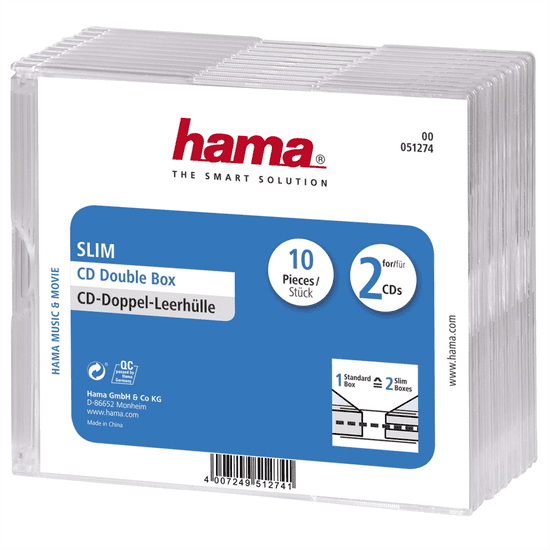 Hama CD Slim Double Box, ovitek za 2 zgoščenki/dvd, prozoren, pakiranje po 10 kosov (cena za paket)