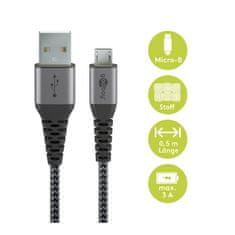Goobay micro USB na USB-A 2.0 0,5m priključni kabel s kovinskimi vtiči vesoljsko siva/srebrna