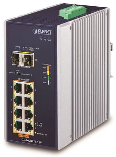 Planet IGS-1020PTF-12V Industrijsko stikalo L2 PoE, 8x1Gb + 2xSFP, 802.3at 30/240W, IP30, -40~+75°C, 12-56VDC