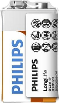 Philips 6F22L1F/10 LongLife 9V baterija z enojno cevjo in nalepko