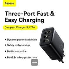 BASEUS Compact 3xUSB 17W črn omrežni polnilec