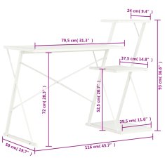 Vidaxl Pisalna miza s polico bela 116x50x93 cm