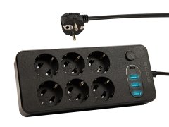 Blow 98-211# Podaljševalni kabel ps-630 6 vtičnic 3xusb 1xusb-c 3m črn 2x1mm