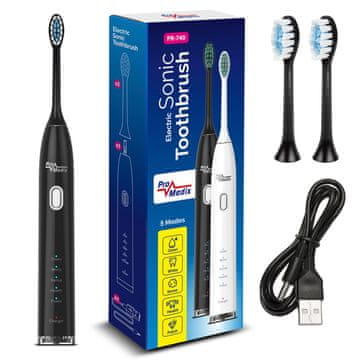 ProMedix Promedix sonična zobna ščetka, črna, 5 načinov, časovnik, indikator napolnjenosti baterije, 2 konici, kabel USB, P