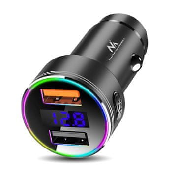 Maclean Avtomobilski polnilec Maclean, z zaslonom, aluminij, voltmeter, USB 1x QC 3.0, USB 1x 5V/2,4A, RGB LED, MCE375