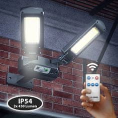 Maclean Solarna ulična svetilka LED s senzorjem gibanja in daljinskim upravljalnikom Maclean IP54, 5W, 2x450lm, 6500K, Li-ion 2400 mAh, 3 načini delovanja MCE447