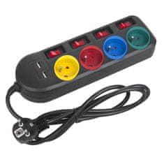 Maclean Maclean napajalnik, podaljšek za 4 vtičnice + 2xUSB, s stikali, 250VAC/10A, 2,1A 5V, 1,5 m, črn, MCE229 B