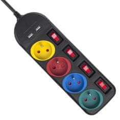 Maclean Maclean napajalnik, podaljšek za 4 vtičnice + 2xUSB, s stikali, 250VAC/10A, 2,1A 5V, 1,5 m, črn, MCE229 B
