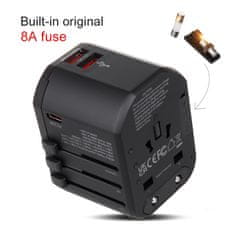 Maclean Potovalni adapter Maclean, napajalnik USB, 2xUSB 2.4A + USB-C PD 20W, 8A varovalka, hitro in hitro polnjenje, 200 držav po svetu, MCE