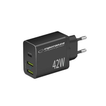 Esperanza EZC106K Esperanza omrežni polnilec 42w usb-c pd 30w / 2x usb-a 12w