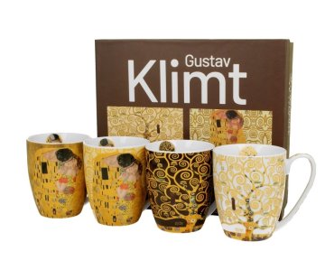 ZAKLADNICA DOBRIH I. Komplet 4 lončkov z žličkama iz porcelana z dekorjem Gustava Klimta