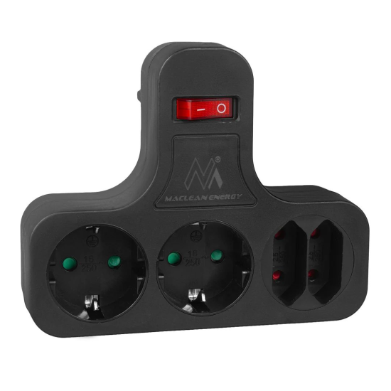 Maclean Razdelilec MCE224 GB + stikalo 2x šuko 2x euro, črn