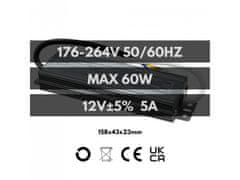 Eco light Hermetično napajanje LED 60W 12V 5A, vodoodporen 158x43x23 mm