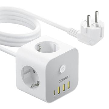 BASEUS PowerCombo 7in1 polnilik 3x AC / 3x USB / USB-C 20W 1.5 m, belo