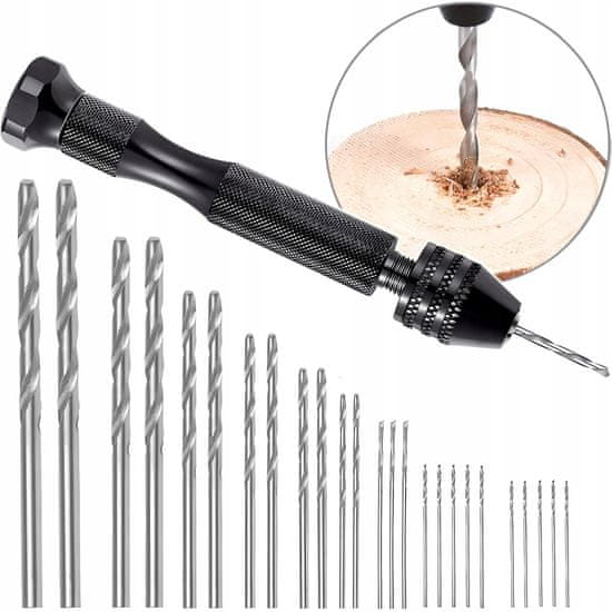 shumee Ročni mini stiskalni sveder, črn + komplet 25 svedrov 0,5–3 mm za les, plastiko DIY