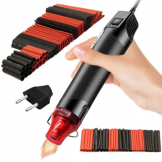 shumee Rosfix Mini toplozračna pištola 300 W + set termoskrčljivih cevi Rosfix 127 kosov. v organizatorju (črna in rdeča)