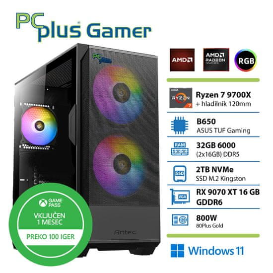PCplus Gamer Ryzen 7 9700X 32GB 2TB SSD RX 9070XT 16GB Windows 11 Home + Xbox GP gaming namizni računalnik