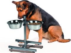 PET Treatment dvojna posoda s stojalom za živali, 2x 2000ml, za hrano / vodo, nerjaveče jeklo, nastavljiva višina, protizdrsna, siva, srebrna