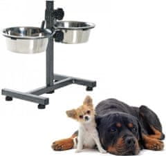 PET Treatment dvojna posoda s stojalom za živali, 2x 2000ml, za hrano / vodo, nerjaveče jeklo, nastavljiva višina, protizdrsna, siva, srebrna