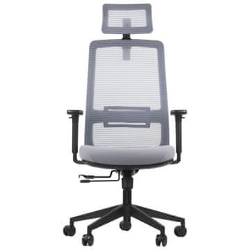 STEMA Vrtljivi pisarniški stol WISTER. Po višini nastavljiv naslon. Najlonsko podnožje, sinhroni mehanizem, podaljšek sedeža, mehka kolesa, nastavljivi nasloni za roke, vzglavnik in ledvena opora. Siva.