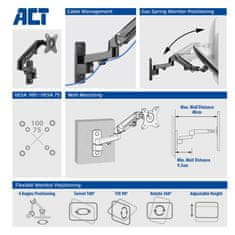 ACT AC8310 Stenski nosilec za monitor s plinsko vzmetjo 1 zaslon 17”-27” črna