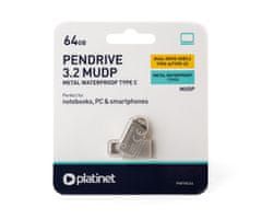 Platinet PLATINET PMFMC64 prenosni USB ključ, 64GB, USB Type-C, USB Type-A, USB 3.2, vodoodporen, do 100 MB/s, siv