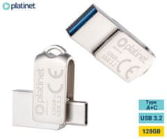 Platinet PLATINET PMFMC128 prenosni USB ključ, 128GB, USB Type-C, USB Type-A, USB 3.2, vodoodporen, do 100 MB/s, siv