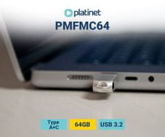 Platinet PLATINET PMFMC64 prenosni USB ključ, 64GB, USB Type-C, USB Type-A, USB 3.2, vodoodporen, do 100 MB/s, siv
