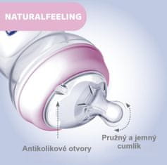 Chicco Naturalfeeling Plastična steklenička 250ml, silikonska duda, srednji pretok 2+, roza