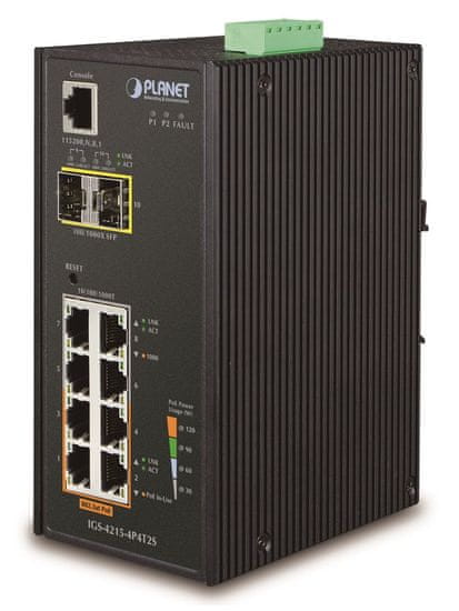 Planet IGS-4215-4P4T2S industrijsko stikalo L2, 4x1Gb, 2x1Gb SFP, 4x PoE 802.3at 140W, 48-54VDC, -40~75°C, IP30