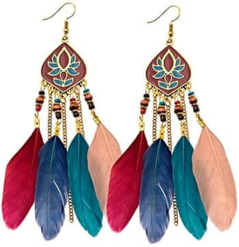 For Fun & Home Dolge Boho Retro Uhani iz Perja, Kov, Dolžina 13 cm - Širina 2,5 cm