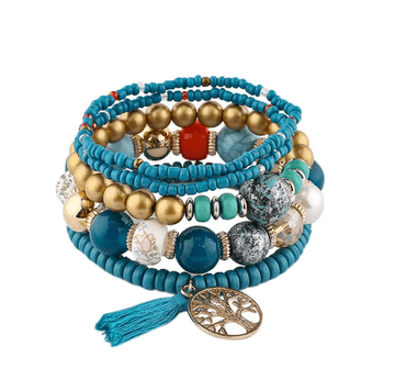 Flor de Cristal Etno set petih zapestnic - Modra - Zapestnica s kroglicami