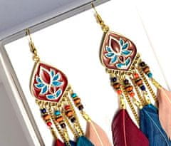 For Fun & Home Dolge Boho Retro Uhani iz Perja, Kov, Dolžina 13 cm - Širina 2,5 cm