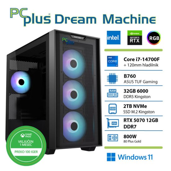 PCplus Dream Machine Core i7-14700F 32GB 2TB RTX 5070 12GB Windows 11 Home + Xbox GP gaming namizni računalnik