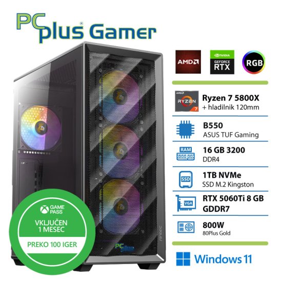 PCplus Gamer Ryzen 7 5800X 16GB 1TB SSD RTX 5060Ti 8GB Windows 11 Home + Xbox GP gaming namizni računalnik