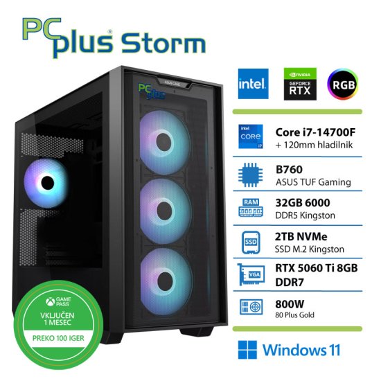 PCplus Storm Core i7-14700F 32GB 2TB SSD RTX 5060Ti 8GB Windows 11 Home + Xbox GP gaming namizni računalnik