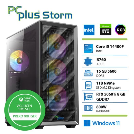 PCplus Storm Core i5-14400F 16GB 1TB SSD RTX 5060Ti 8GB Windows 11 Home + Xbox GP gaming namizni računalnik