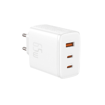 BASEUS Hišni polnilec 220V GaN CUBE Pro Fast Charge 65W vhod 1x USB A in 2x Type C - Original (EU Blister) bel