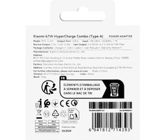 Xiaomi Hišni polnilec MDY-12-EH USB-A 67W s polnilnim kablom Type C 6A - bel (Eu Blister)
