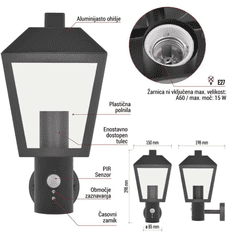 Emos stenska svetilka s PIR senzorjem, vrtna, LED, E27, 15 W (ZGB040P)