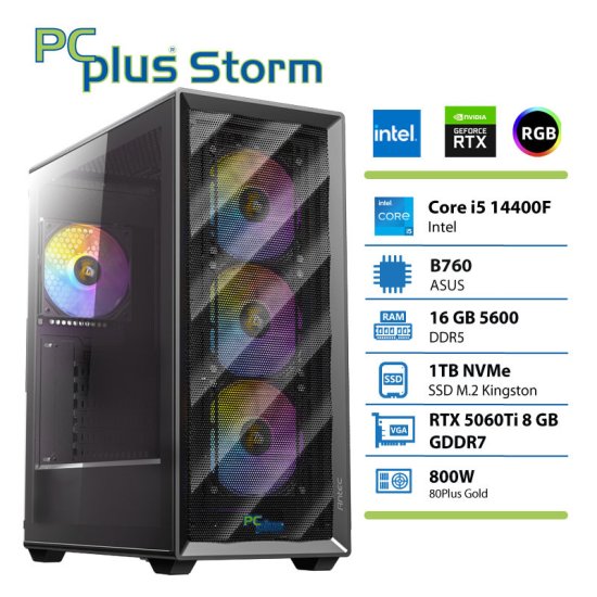 PCplus Storm namizni računalnik, i5-14400F, 16GB, SSD1TB, RTX5060Ti, FreeDOS