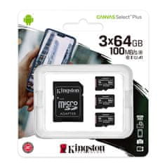 Kingston Canvas Select Plus microSD 3x64GB Class10 UHS-I adapter (SDCS2/64GB-3P1A) spominska kartica in adapter