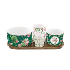 Easy Life Set skledice na lesenem podstavku Botanic Chic 29x13cm / porcelan. les
